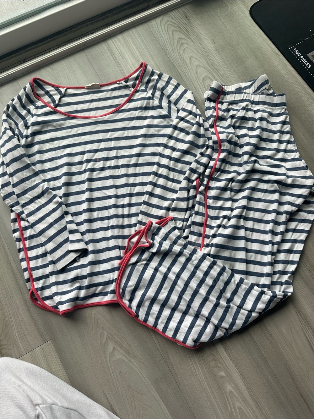 Lake Navy and White Striped Pajama Set with Pink Trim